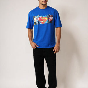 Men's Blue Boxy Fit Superman Character Back Print T-Shirt