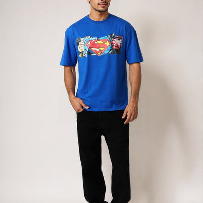 Men's Blue Boxy Fit Superman Character Back Print T-Shirt
