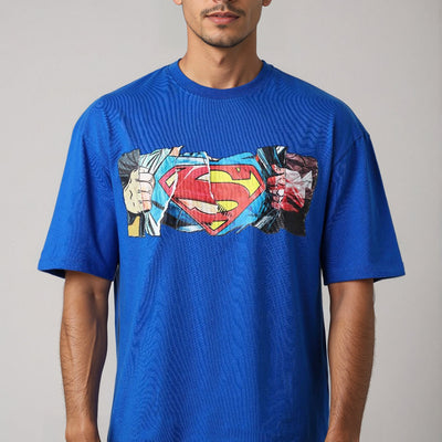 Men's Blue Boxy Fit Superman Character Back Print T-Shirt