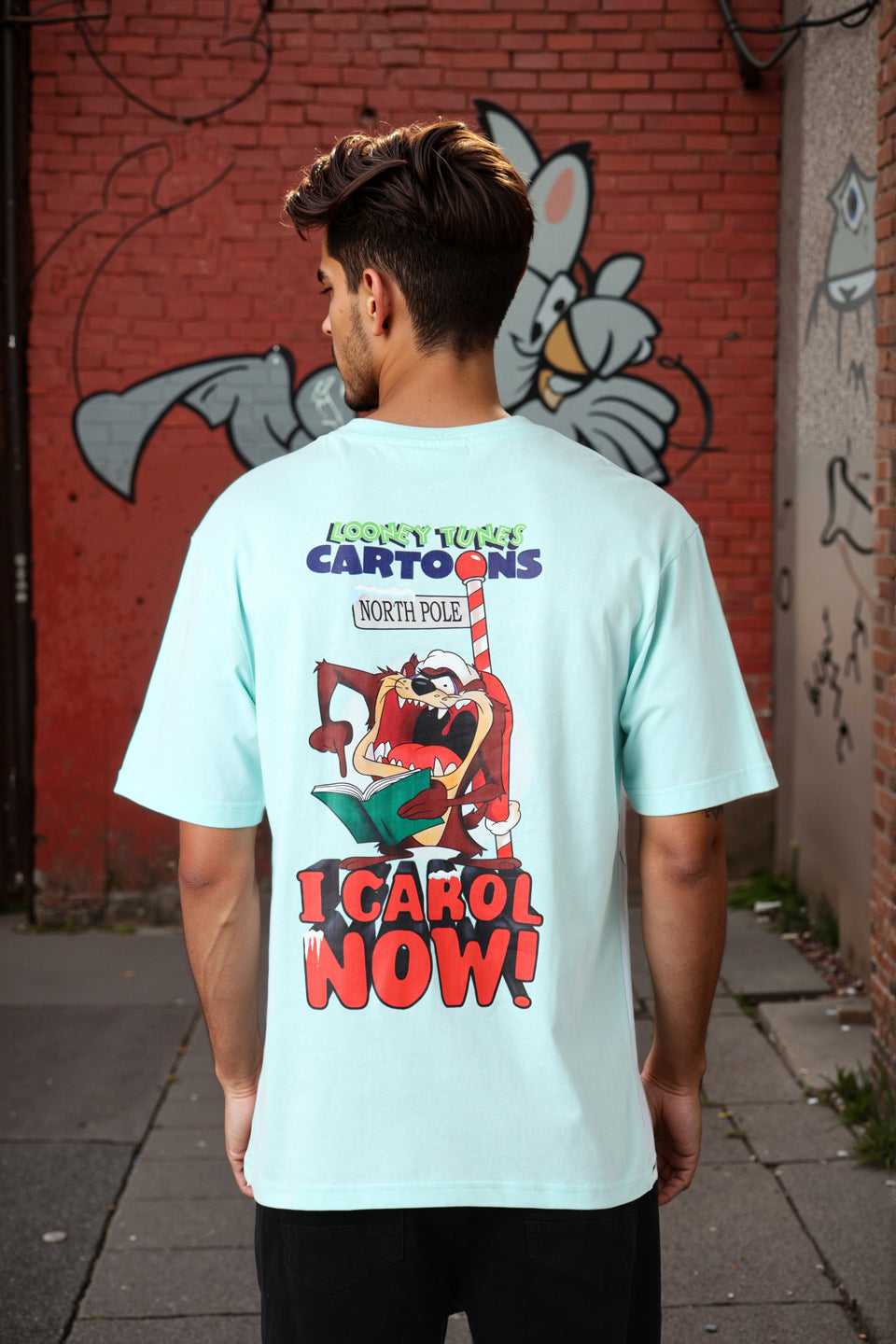 Men's Blue Boxy Fit Looney Tunes Character Back Print T-Shirt