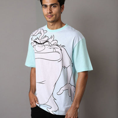 Men's Blue Boxy Fit Looney Tunes Character Back Print T-Shirt