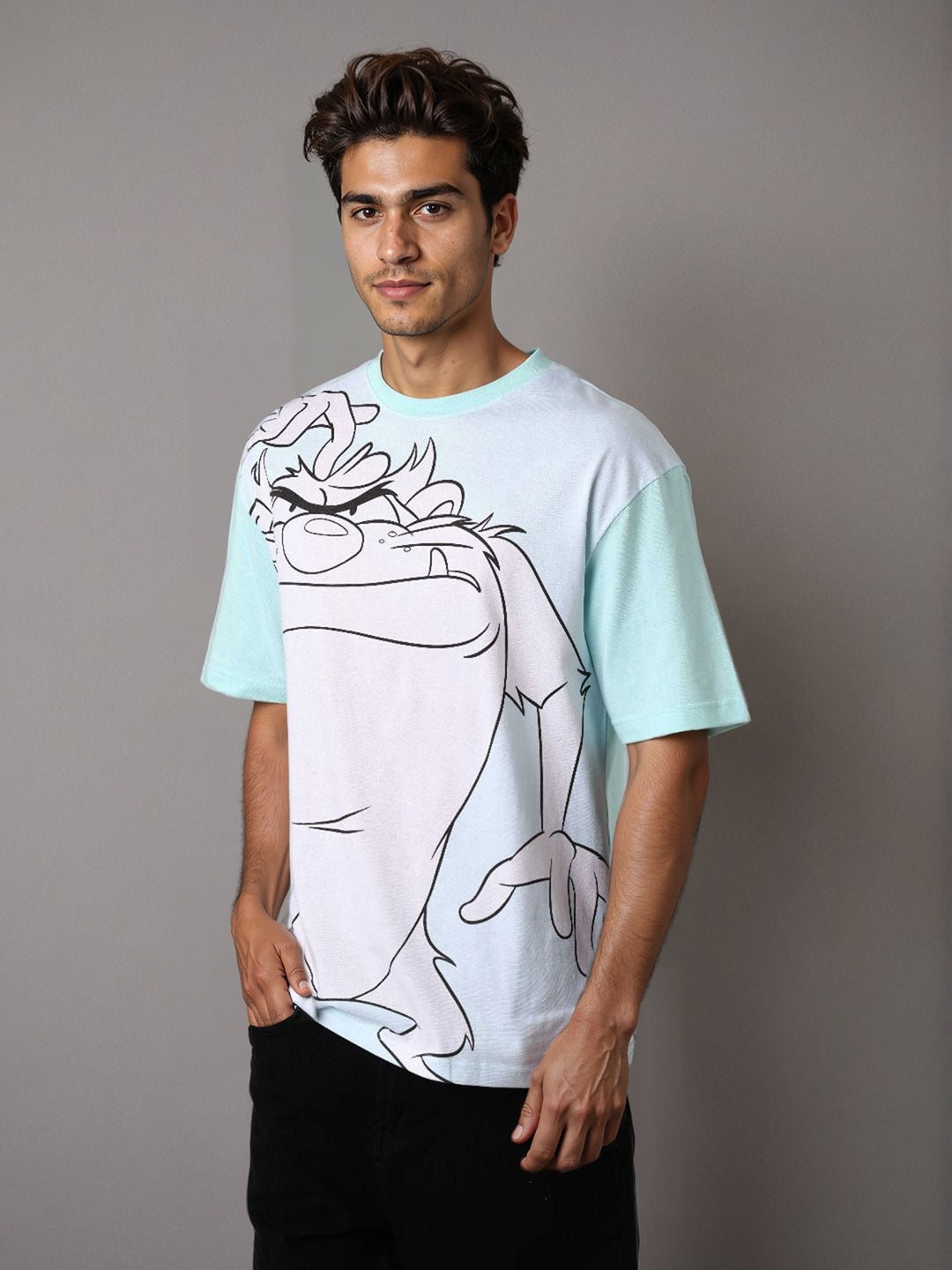 Men's Blue Boxy Fit Looney Tunes Character Back Print T-Shirt