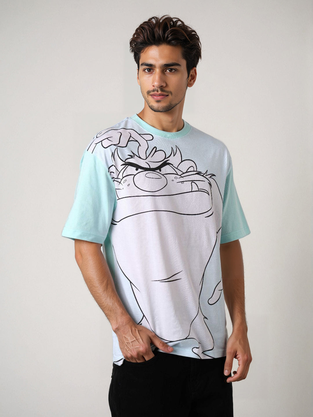 Men's Blue Boxy Fit Looney Tunes Character Back Print T-Shirt