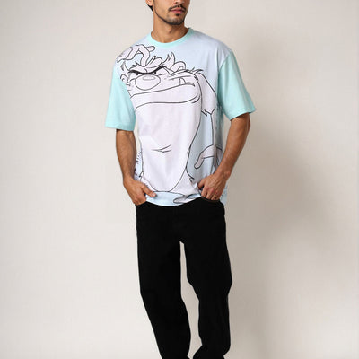 Men's Blue Boxy Fit Looney Tunes Character Back Print T-Shirt