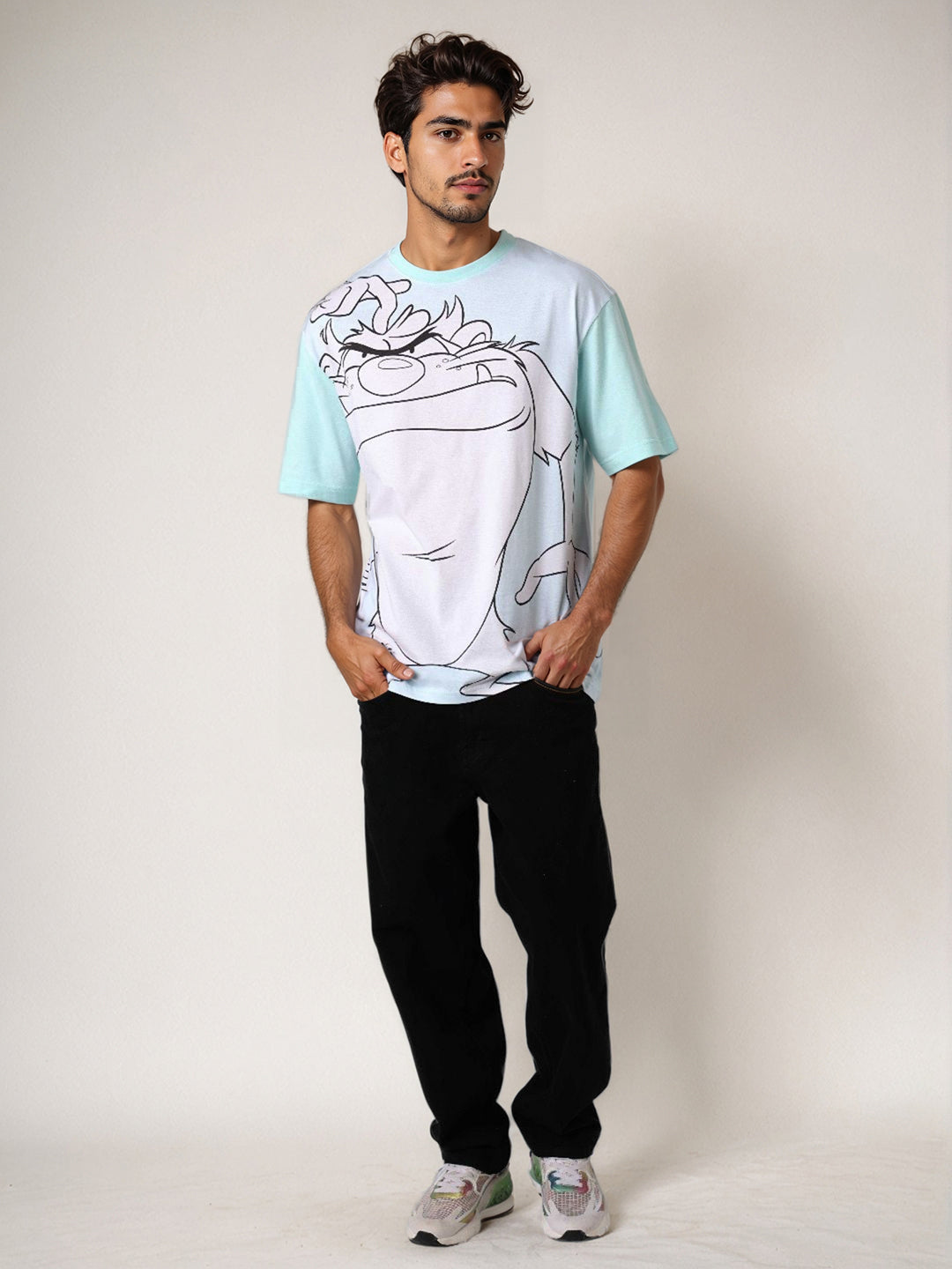 Men's Blue Boxy Fit Looney Tunes Character Back Print T-Shirt