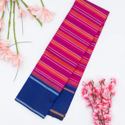 Hot Pink & Orange Handloom Kanchipuram Korvai Silk Saree With Stripes