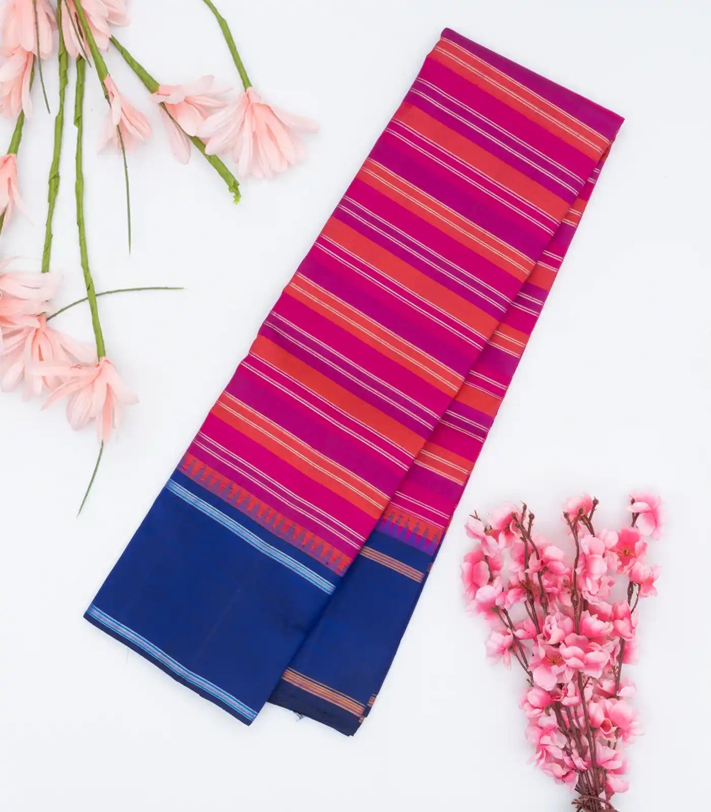 Hot Pink & Orange Handloom Kanchipuram Korvai Silk Saree With Stripes