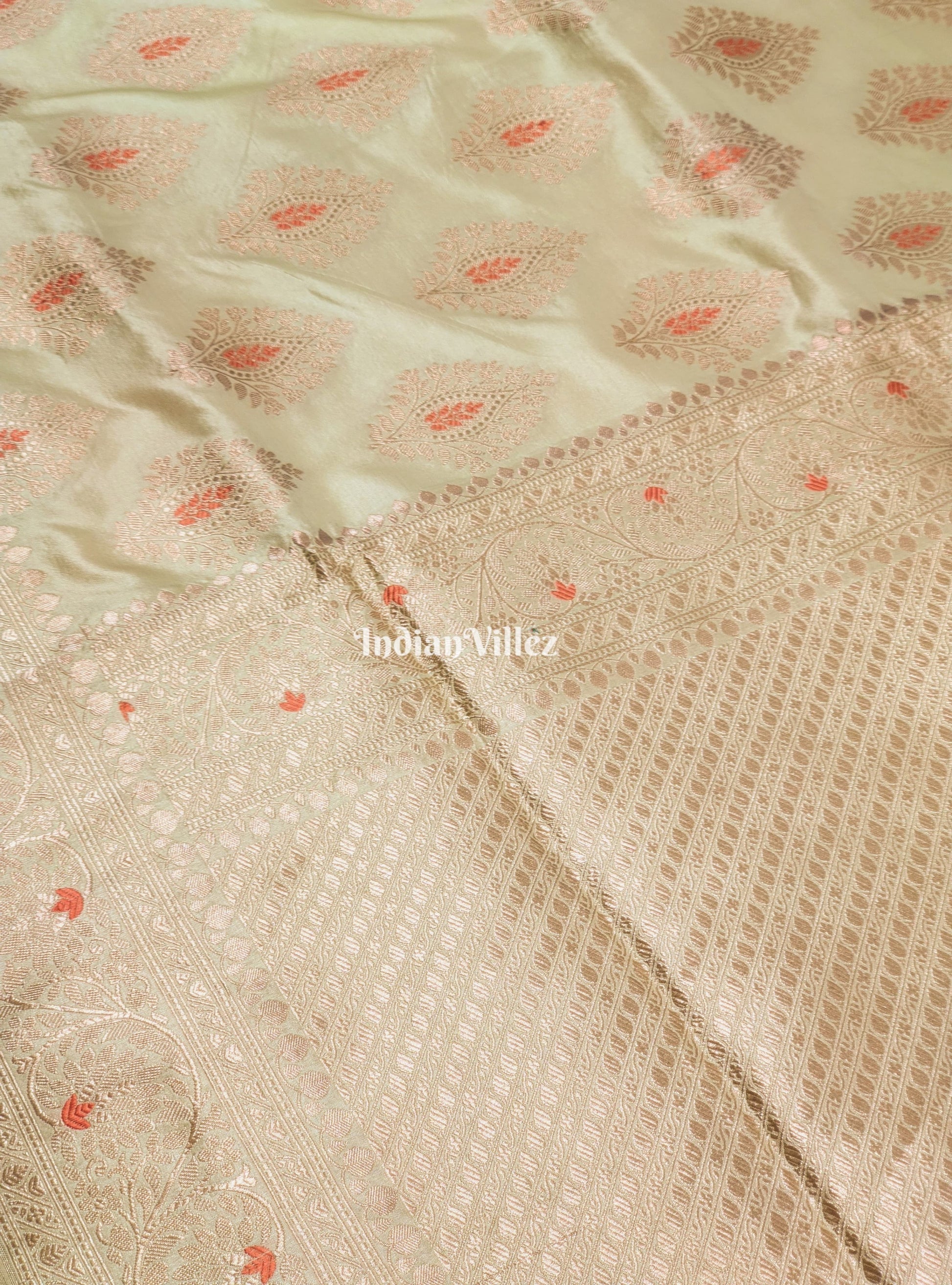 Beige Floral Motif Designer Meenakari Banarasi Silk Saree