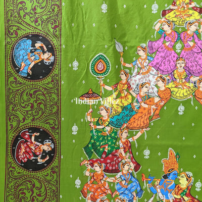 Parrot Green Kandarpa Rath Hand-painted Pattachitra Saree