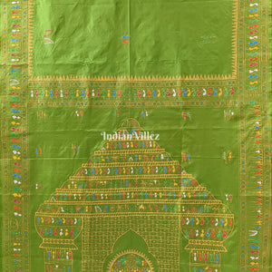 Parrot Green Tribal & Konark Template Pattachitra Saree