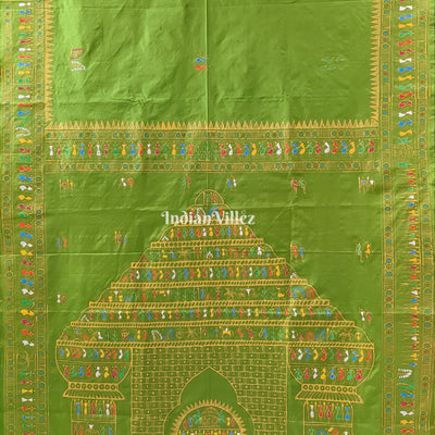 Parrot Green Tribal & Konark Template Pattachitra Saree