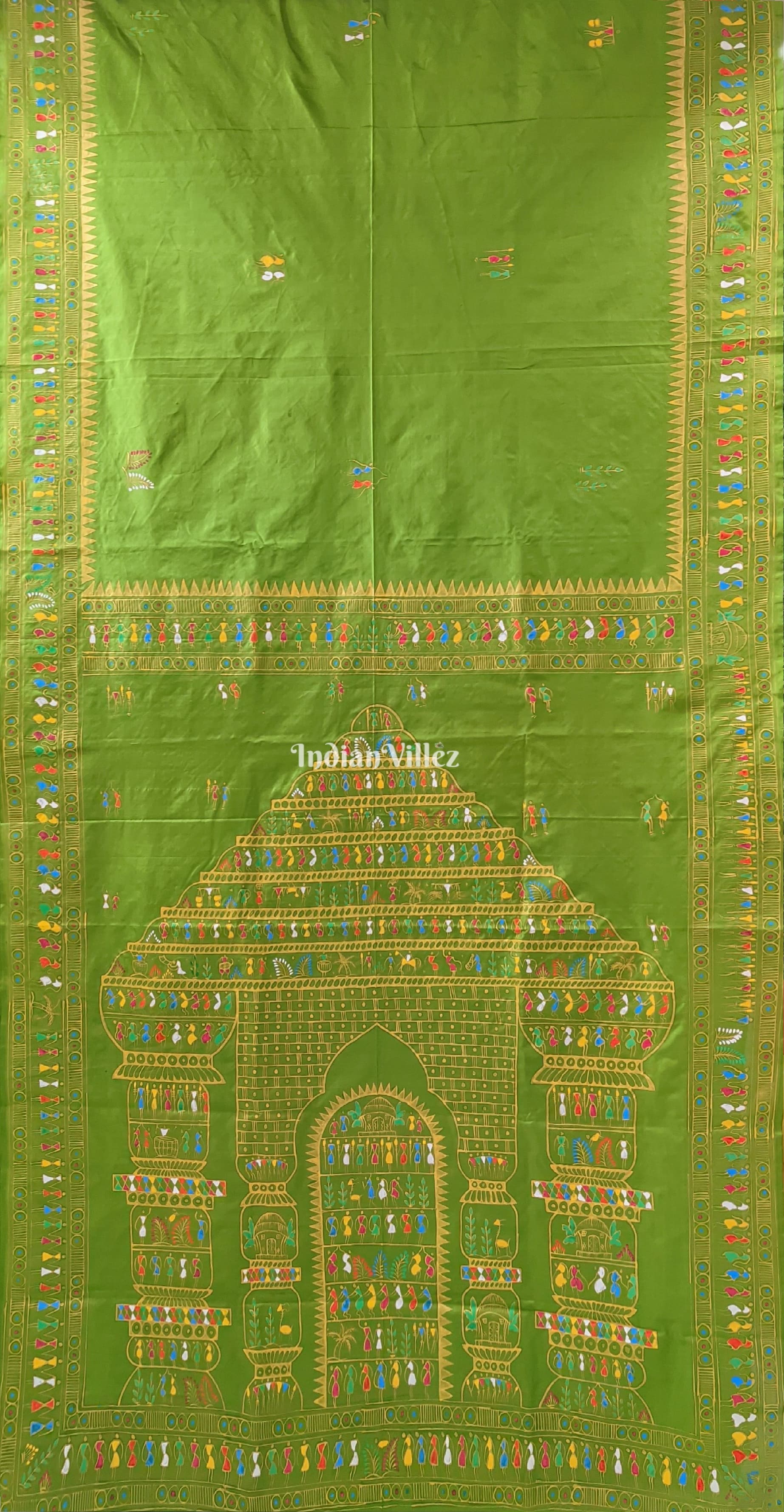 Parrot Green Tribal & Konark Template Pattachitra Saree