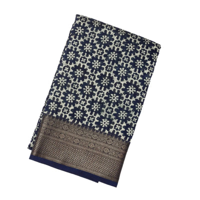 Navy Blue Woven Chanderi Printed Cotton Saree With Floral Jaal