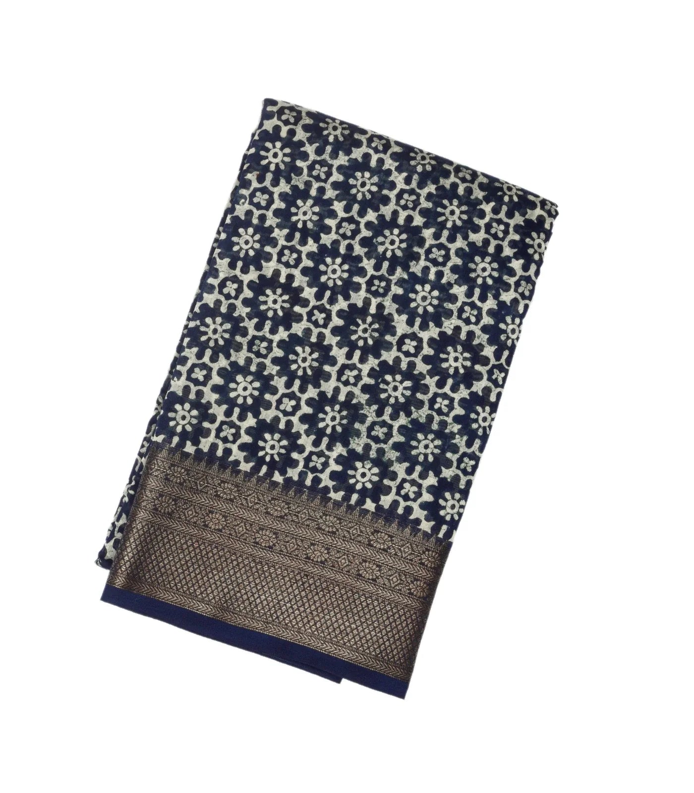 Navy Blue Woven Chanderi Printed Cotton Saree With Floral Jaal