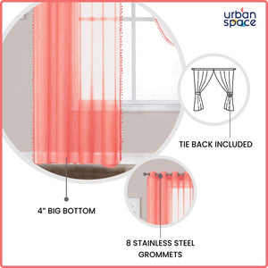 Sheer Curtain for Living Room with linen texture, Net Curtain for balcony, Pack of 2 Curtains - Peach with pom pom