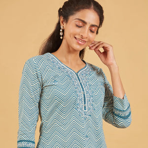 Classic Blue Cotton Kurta Set With Matching Dupatta