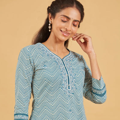 Classic Blue Cotton Kurta Set With Matching Dupatta