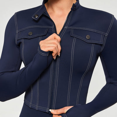 Contrast Stitching Moto Jacket - Navy Blue