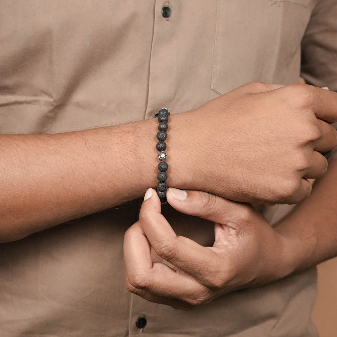 Lava Stone and Om Silver Beads Bracelet