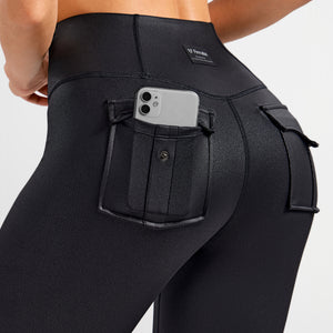 Faux Leather Cargo Power Leggings - Black