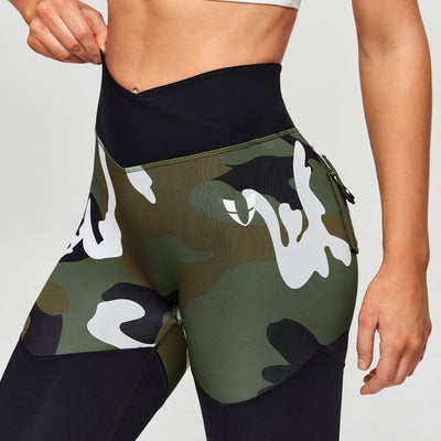 V-Waist Gym Leggings - White Green Camo