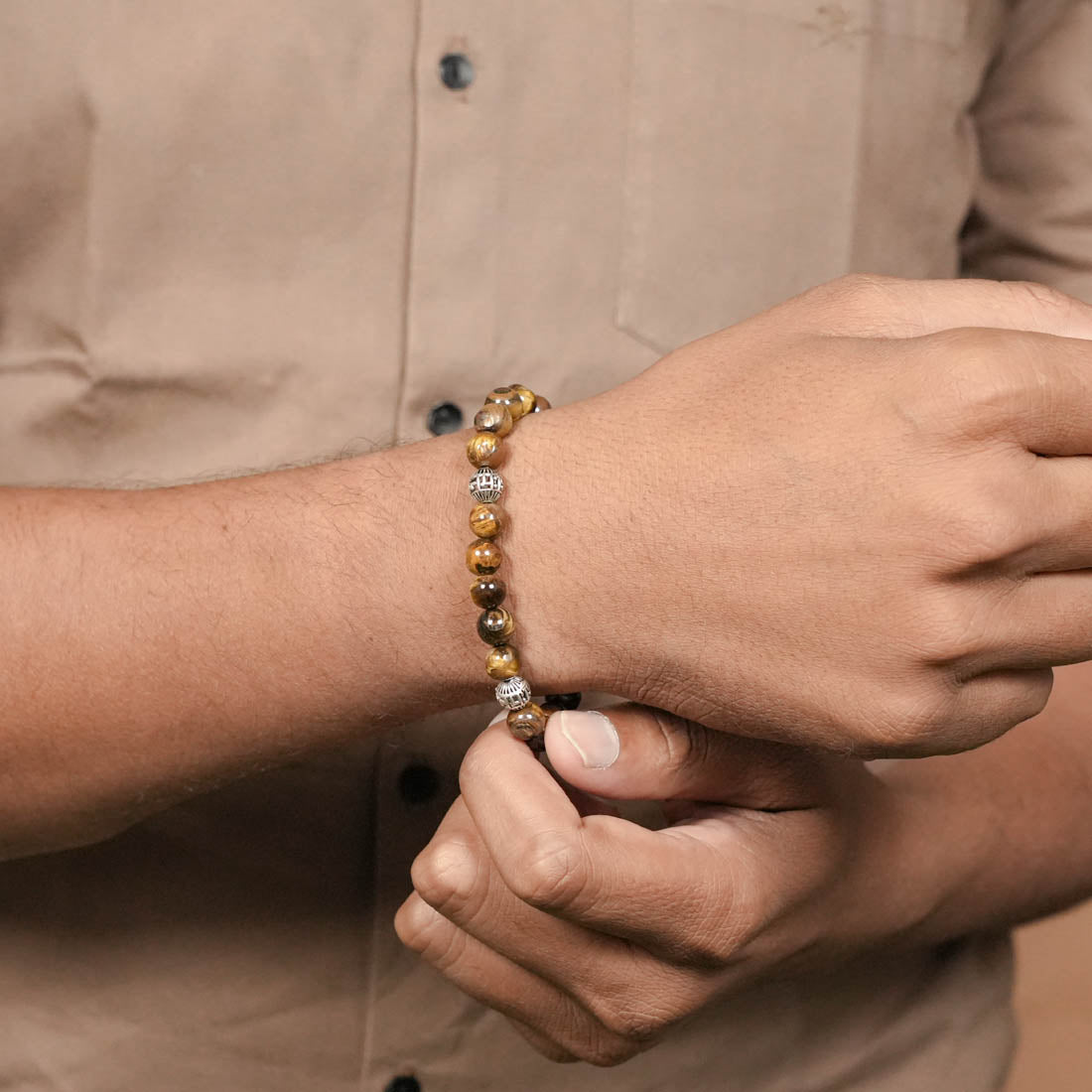 Tiger Eye Stone with Om Namah Shivay Silver Beads Bracelet