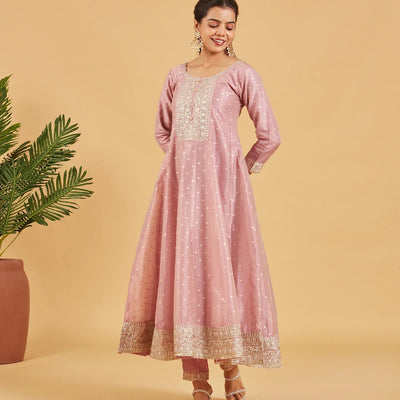 Dusty Pink Anarkali Set With Matching Dupatta