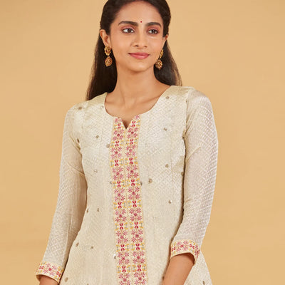 Cream Anarkali Suit With Contrast Fuchsia Pink Dupatta