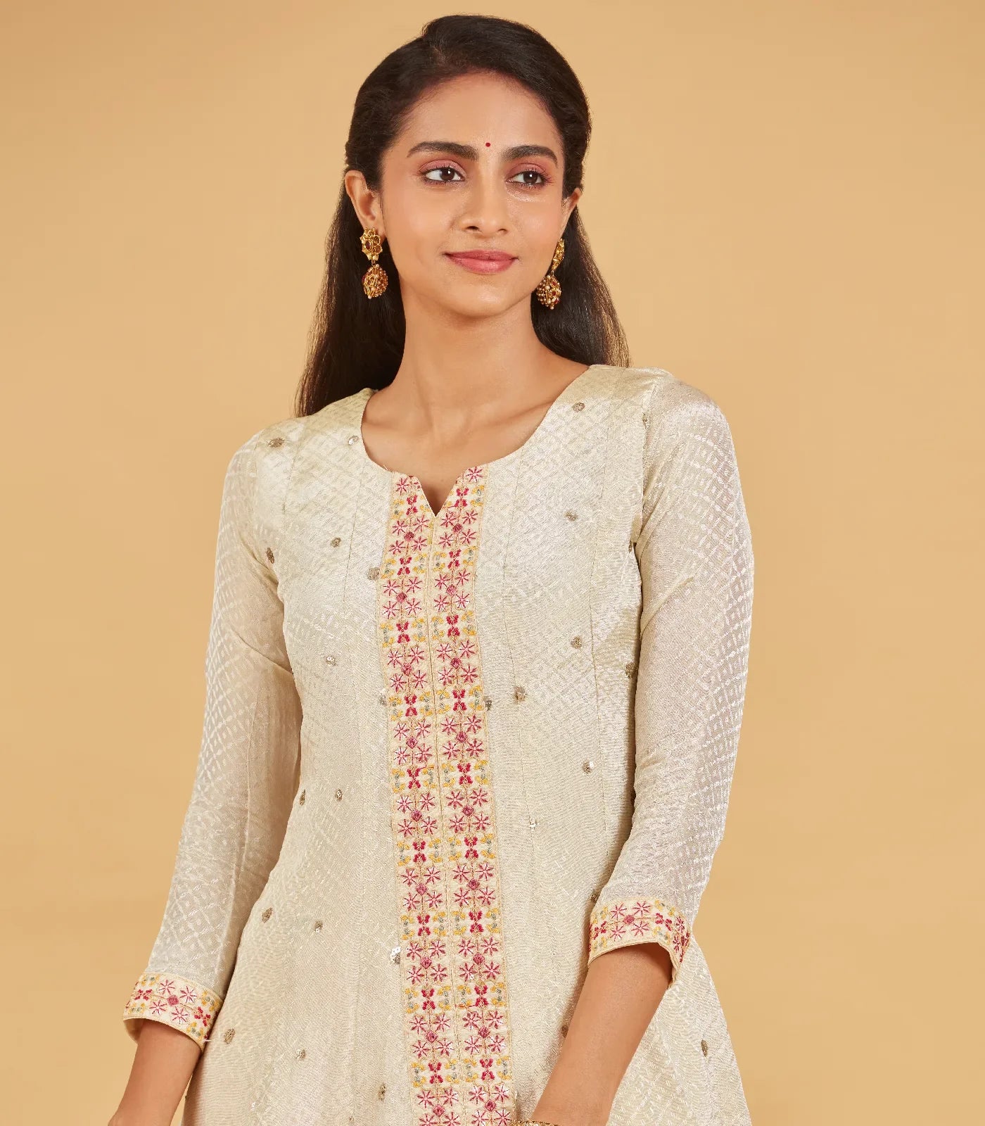 Cream Anarkali Suit With Contrast Fuchsia Pink Dupatta