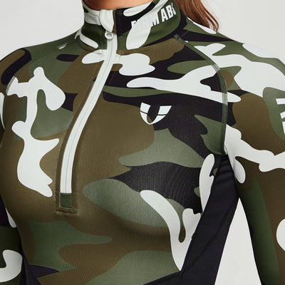 Half Zip Long Sleeve Top - White Green Camo