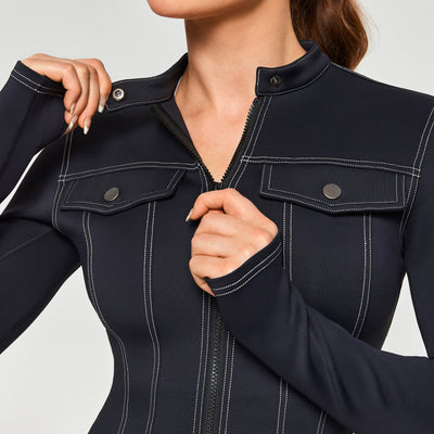 Contrast Stitching Moto Jacket - Black