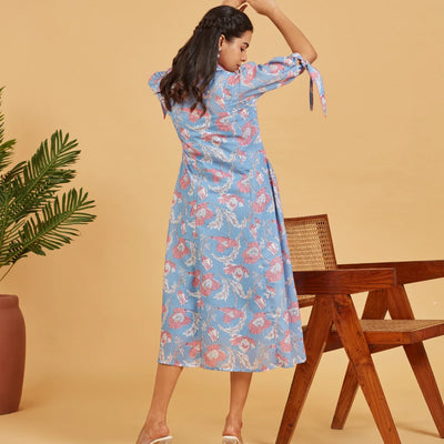 Blue Floral Printed Shirt Dress