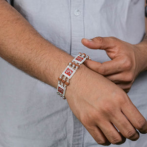 Rudraksha Silver Three Om in Red Brooch Bracelet