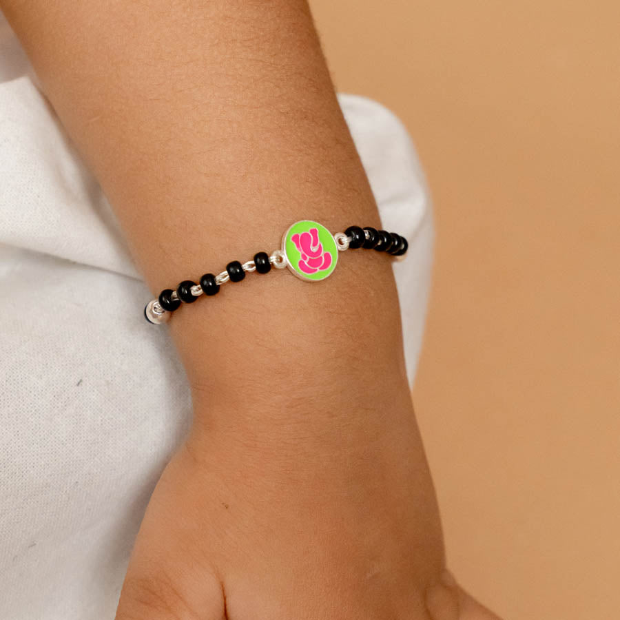 Real black beads pink Ganesh silver nazariya for kids