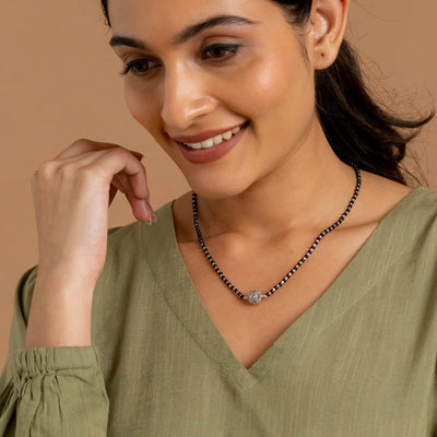 Real Black Beads Mangal Sutra with Beaded Silver Circular Pendant for Women