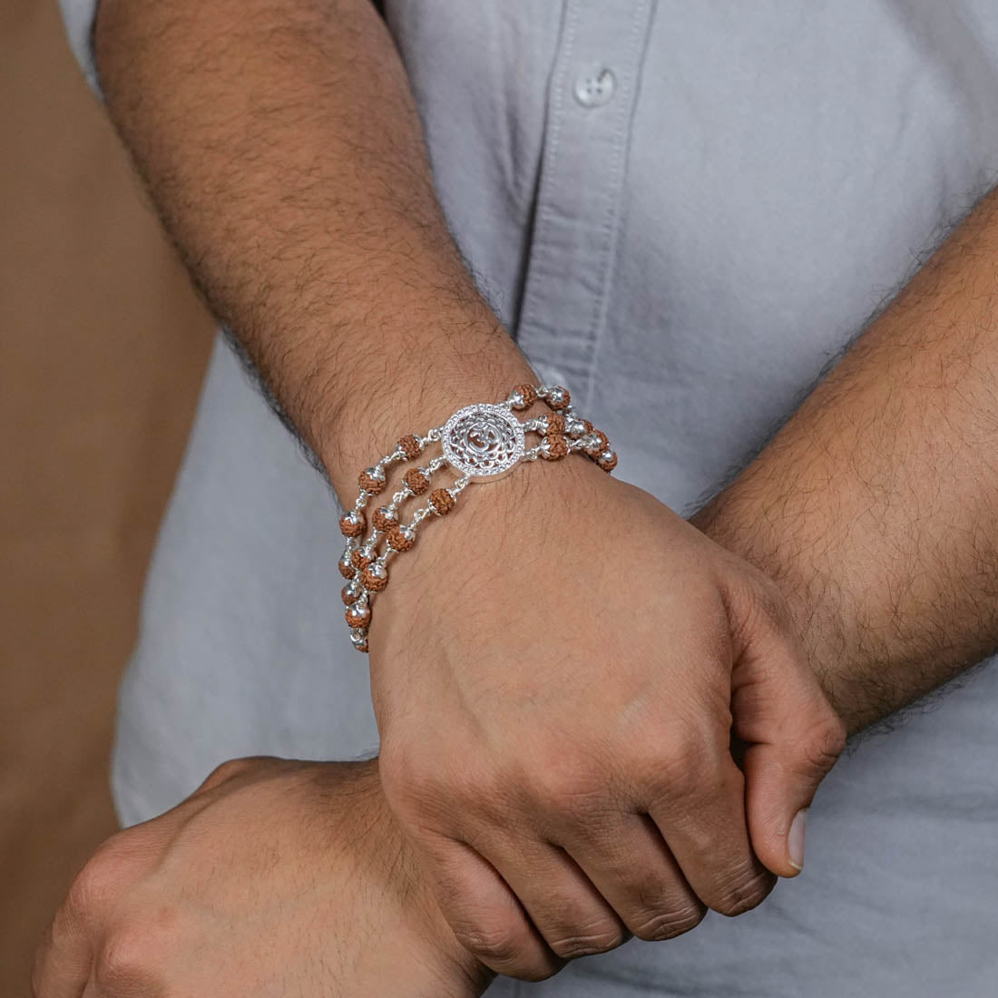Rudraksha Silver Om in Flower Bracelet