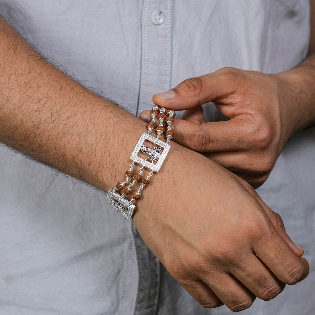 Rudraksha Silver Two Goga Triple Line Bracelet