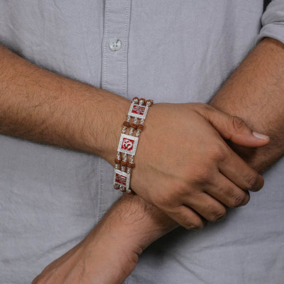 Rudraksha Silver Om With Shree Tripal Line Bracelet