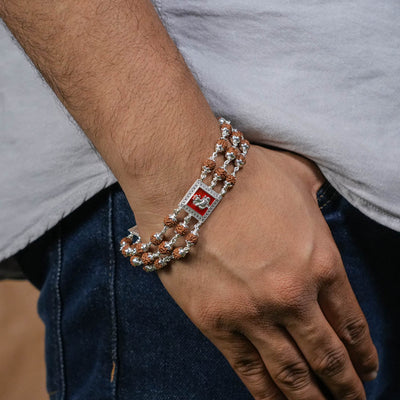 Rudraksha Silver Ganesh in Red Triple Line Bracelet