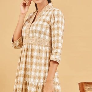 Beige And Gold Embroidered  Dress
