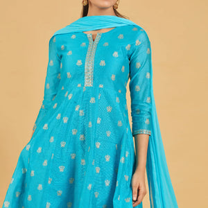 Turquoise And Gold Anarkali Set