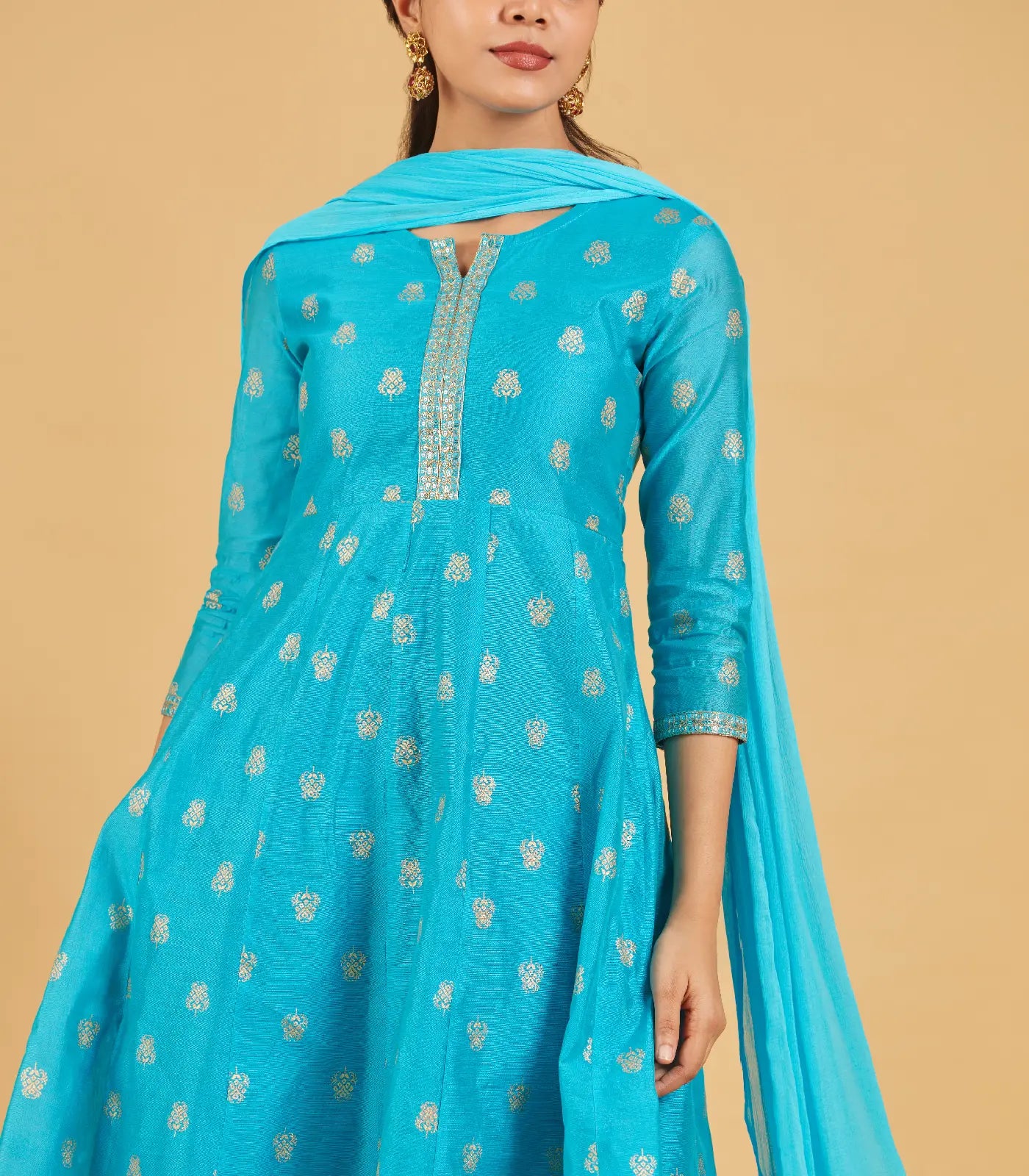 Turquoise And Gold Anarkali Set