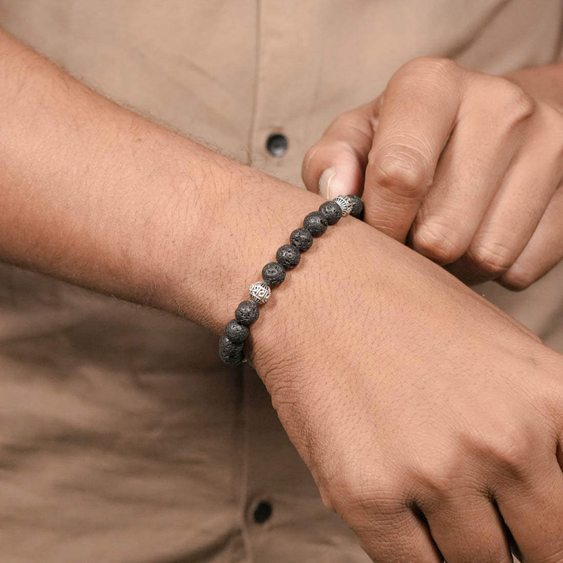 Lava Stone with Om Namah Shivay Silver Beads Bracelet