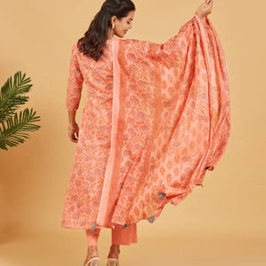 Peach Floral Printed Kurta Set With Matching Dupatta