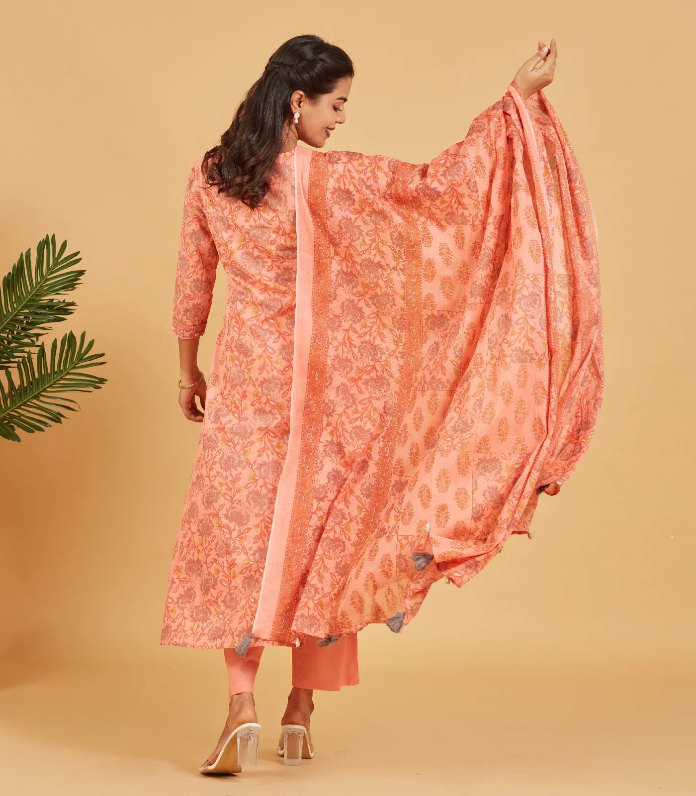 Peach Floral Printed Kurta Set With Matching Dupatta