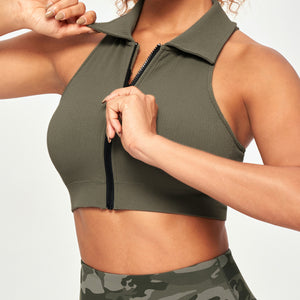 Ribbed Full Zip Padded Tank Top - Olive Green