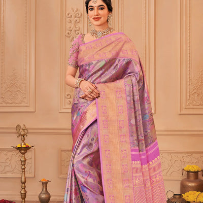 Lavender Handloom Kanchipuram Silk Saree With Meena Bird Zari Motifs