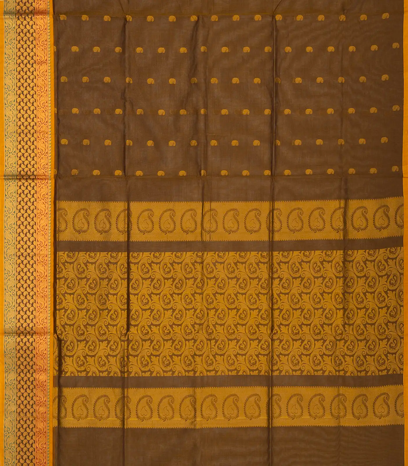 Dark Olive Venkatagiri Cotton Saree With Mango Motifs