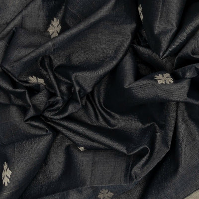 Dark Grey Handloom Bengal Cotton Tissue saree With Zari stripes and Floral (Phool) Buttis