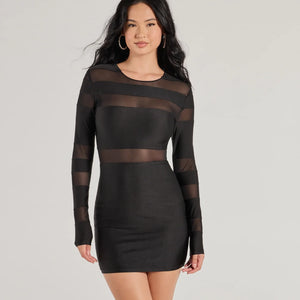Delena Sheer Mesh Long Sleeve Bodycon Mini Dress